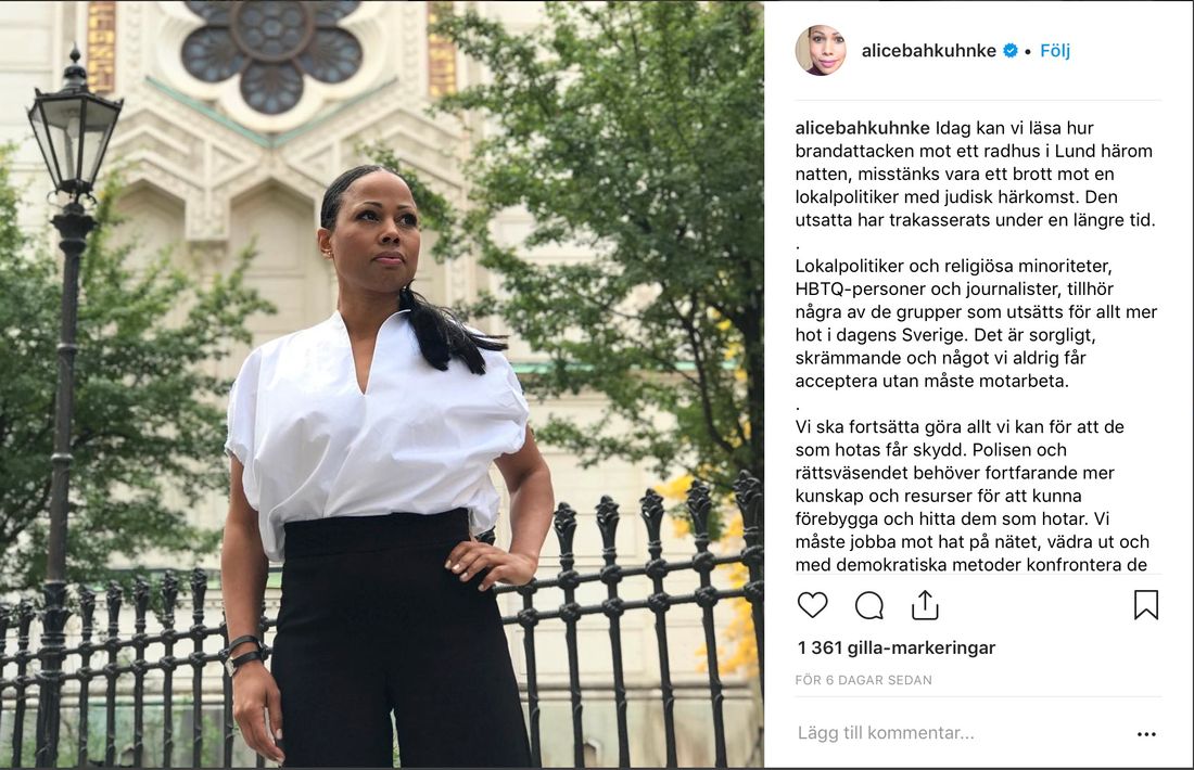 Alice Bah Kuhnke (MP), kultur- och demokratiminister fördömde brandattacken i Lund.
